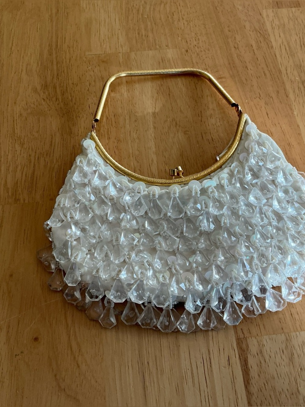White Beaded Evening Handbag with Gold Frame
